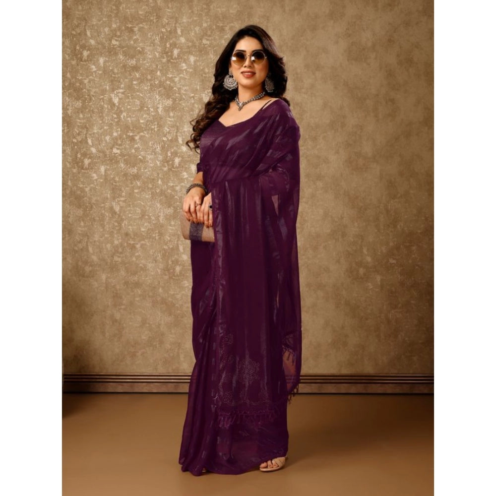 Generic Women's Chiffon Fabric Line Saree With Unstitched Blouse (Purple, 5-6 Mtrs)