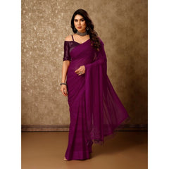 Generic Women's Chiffon Fabric Line Saree With Unstitched Blouse (Wine, 5-6 Mtrs)