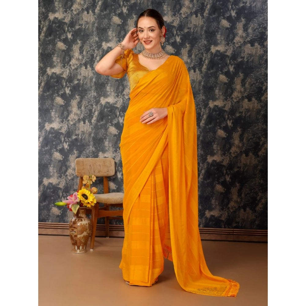 Generic Women's Chiffon Fabric Line Saree With Unstitched Blouse (Yellow, 5-6 Mtrs)