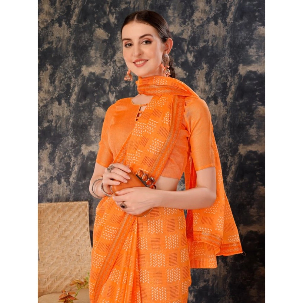 Generic Women's Zomto Cheked Saree With Unstitched Blouse (Orange, 5-6 Mtrs)