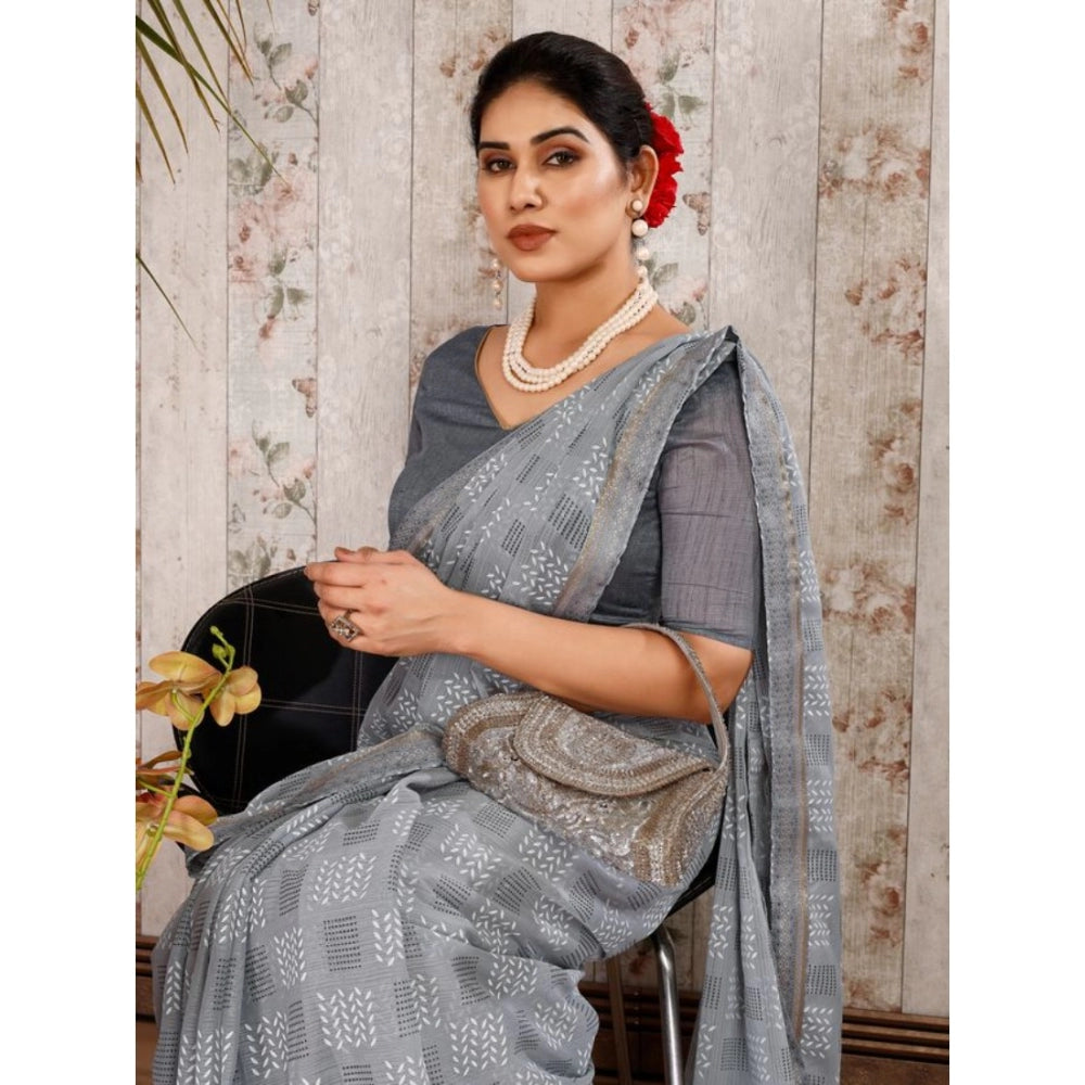 Generic Women's Zomto Cheked Saree With Unstitched Blouse (Grey, 5-6 Mtrs)