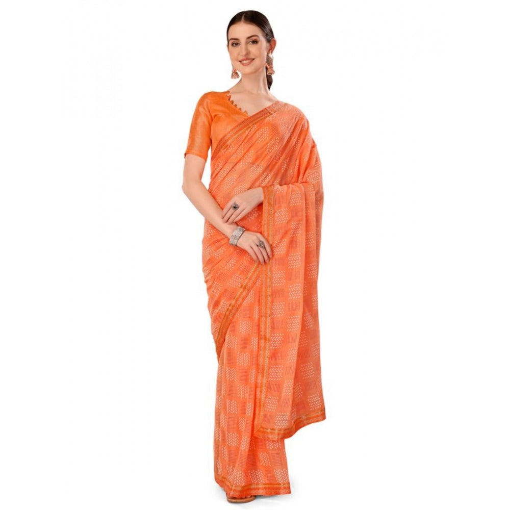 Generic Women's Zomto Cheked Saree With Unstitched Blouse (Peach, 5-6 Mtrs)