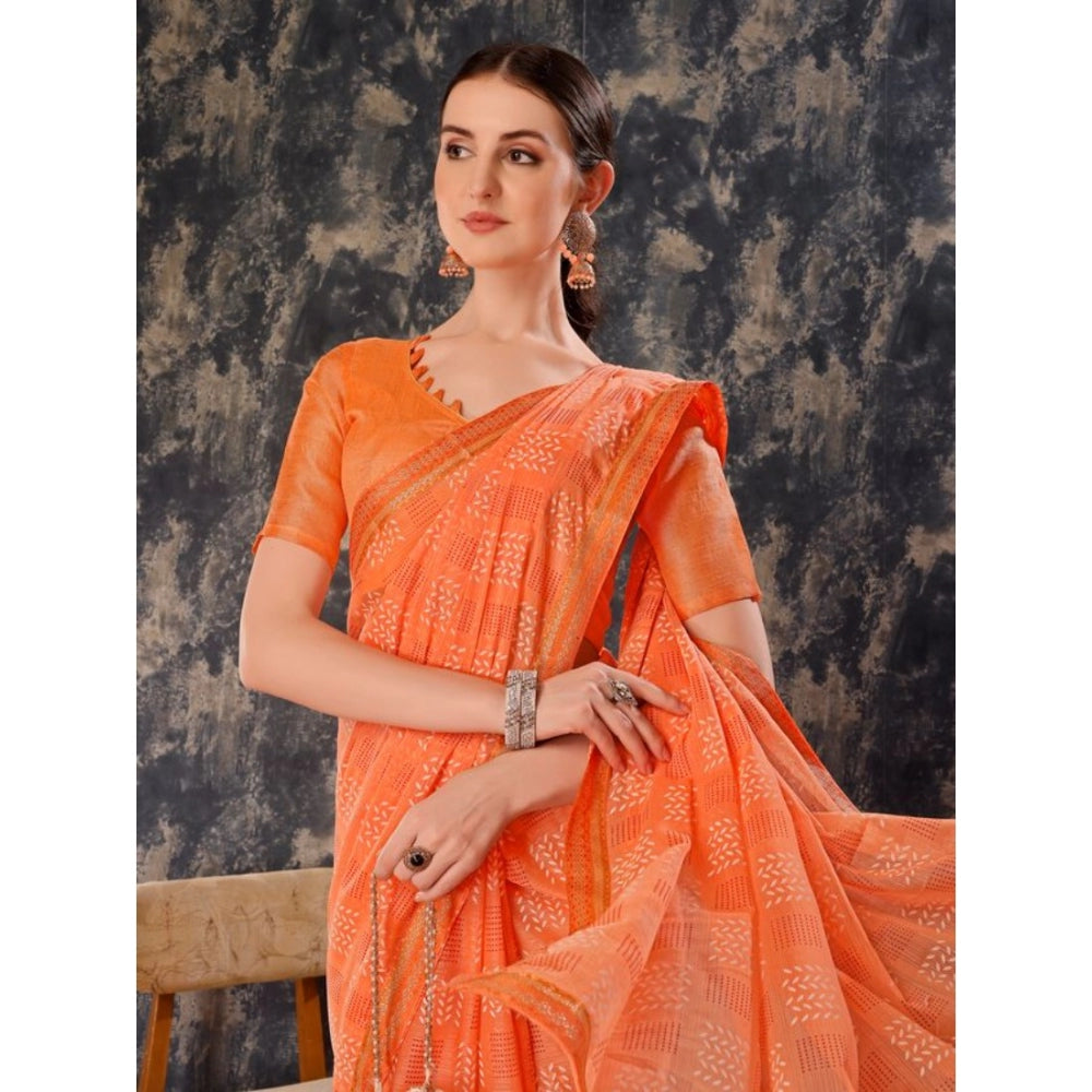 Generic Women's Zomto Cheked Saree With Unstitched Blouse (Peach, 5-6 Mtrs)