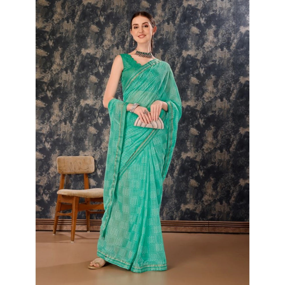 Generic Women's Zomto Cheked Saree With Unstitched Blouse (Rama Green, 5-6 Mtrs)