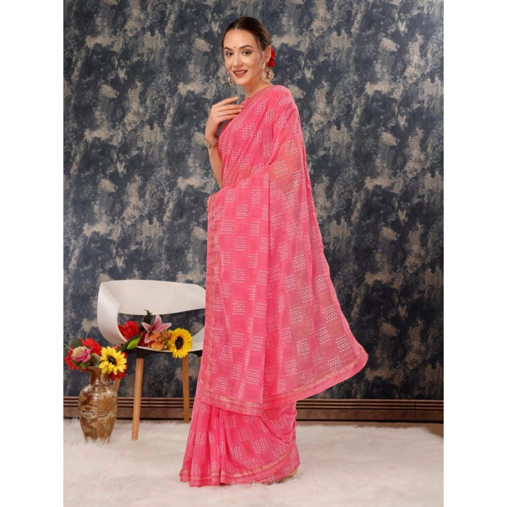 Generic Women's Zomto Cheked Saree With Unstitched Blouse (Pink, 5-6 Mtrs)