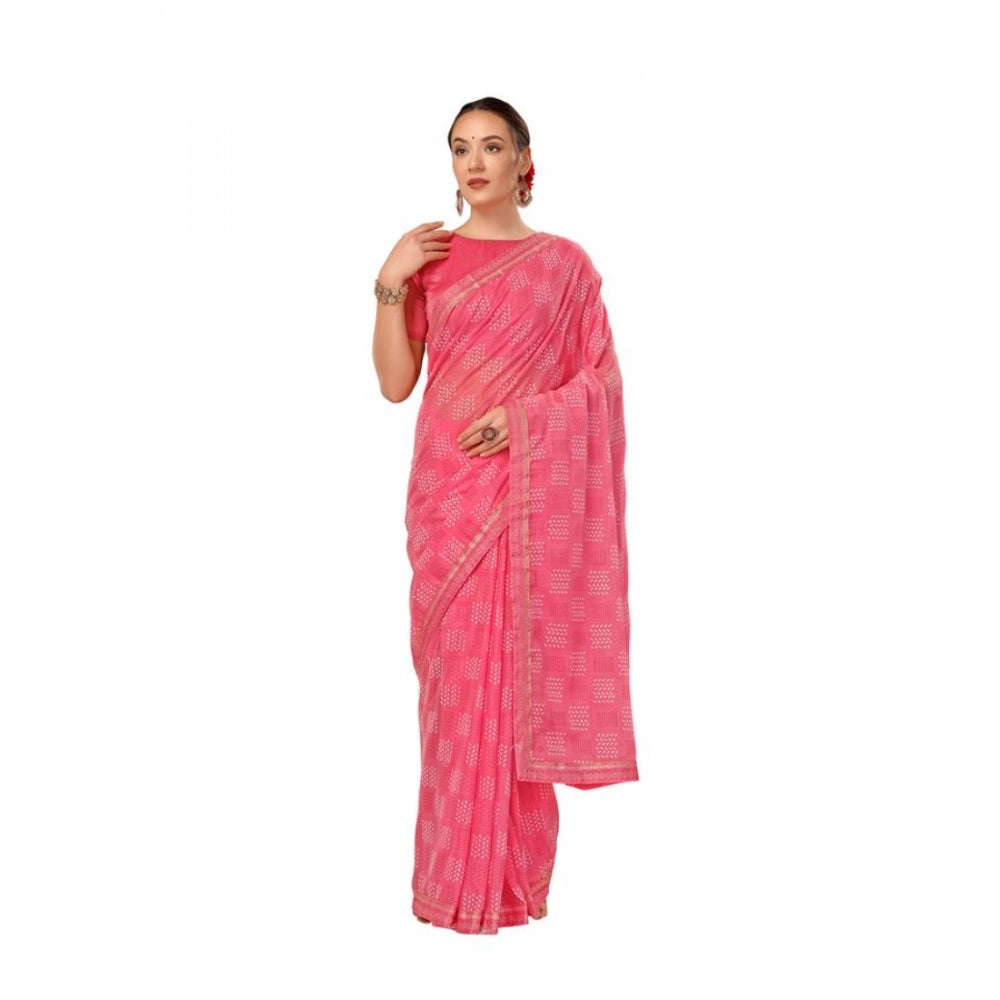 Generic Women's Zomto Checked Saree With Unstitched Blouse (Pink, 5-6 Mtrs)