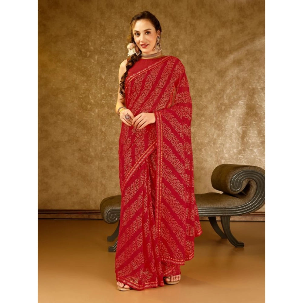 Generic Women's Zomto Bandhani Saree With Unstitched Blouse (Red, 5-6 Mtrs)