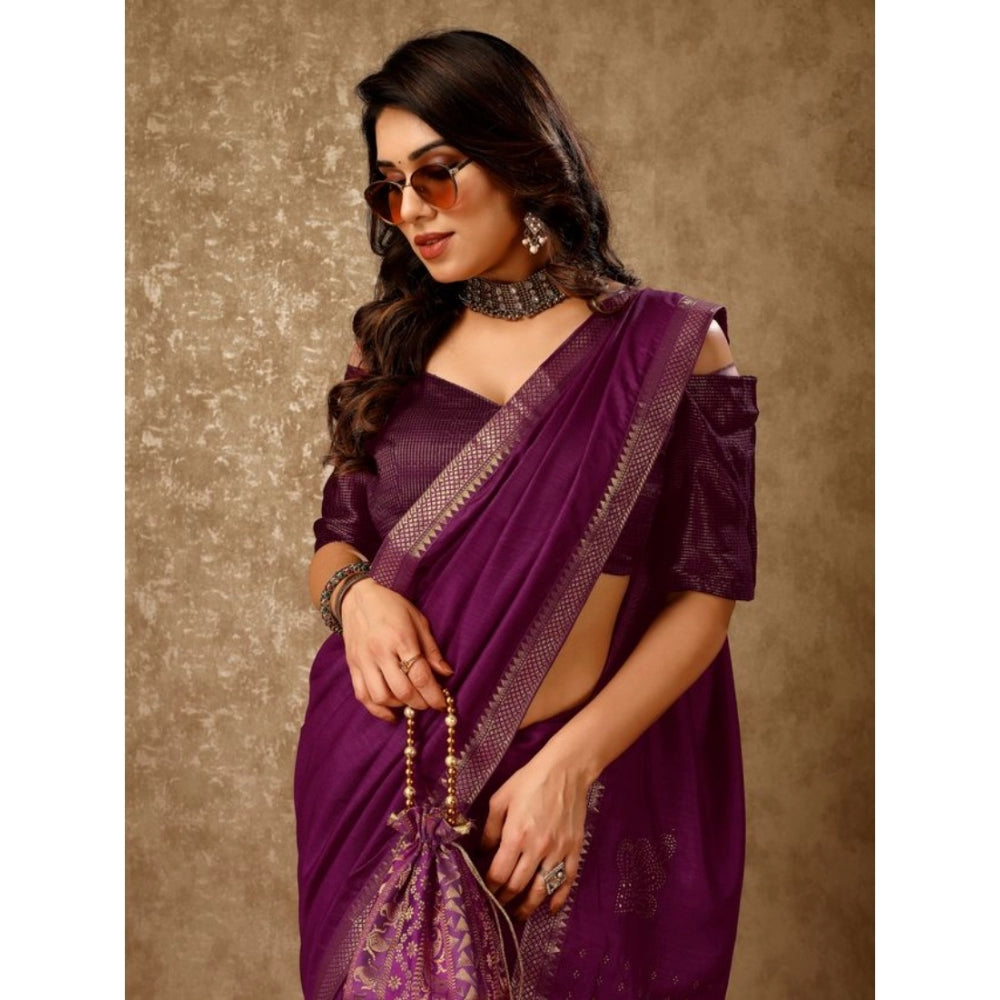 Generic Women's Vichitra Swiroshki Butta Saree With Unstitched Blouse (Wine, 5-6 Mtrs)