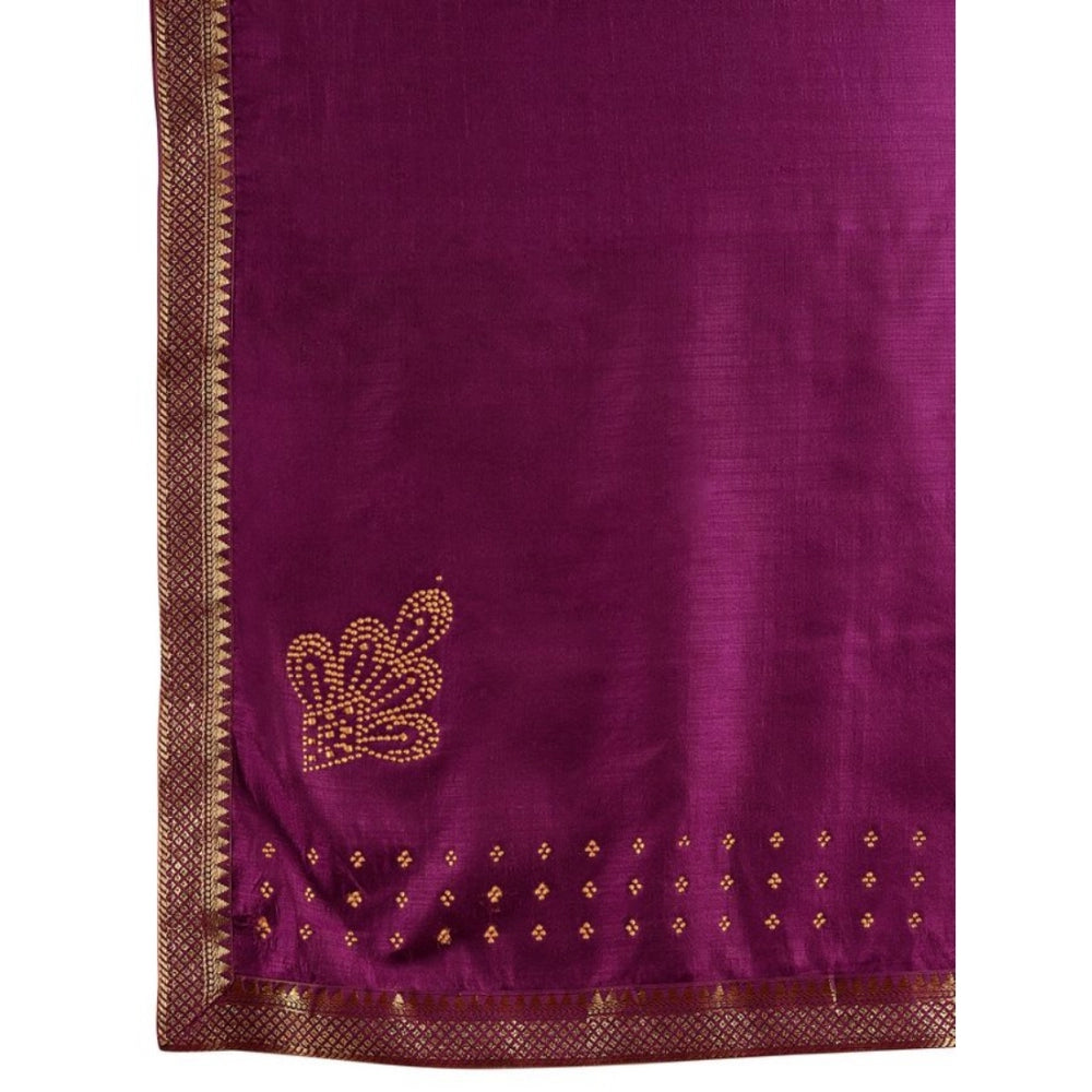 Generic Women's Vichitra Swiroshki Butta Saree With Unstitched Blouse (Wine, 5-6 Mtrs)