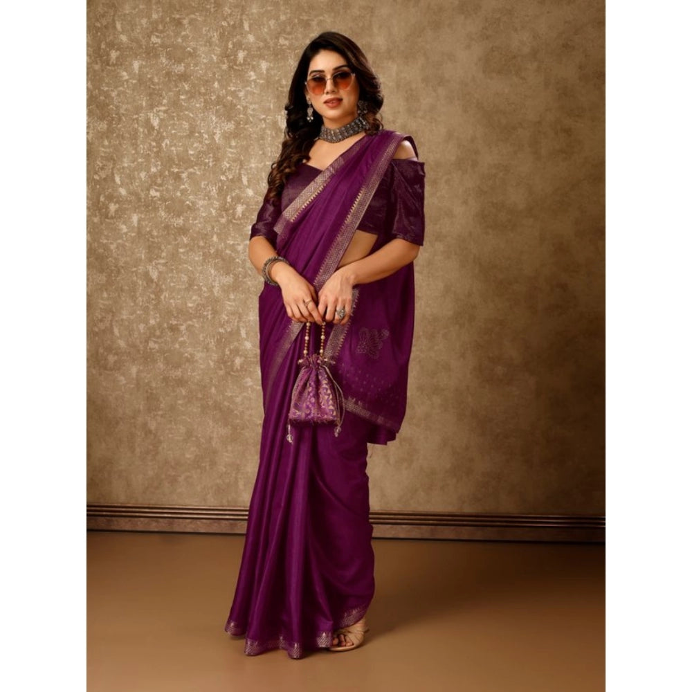 Generic Women's Vichitra Swiroshki Butta Saree With Unstitched Blouse (Wine, 5-6 Mtrs)