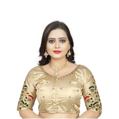 Generic Women's Malai Silk Floral Readymade Blouse (Cream, Size: Free Size)