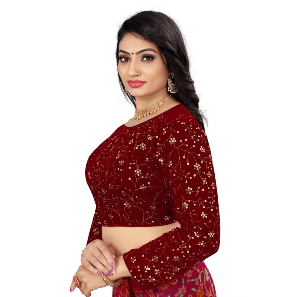 Generic Women's Velvet Embroidery Readymade Blouse (Maroon, Size: Free Size)