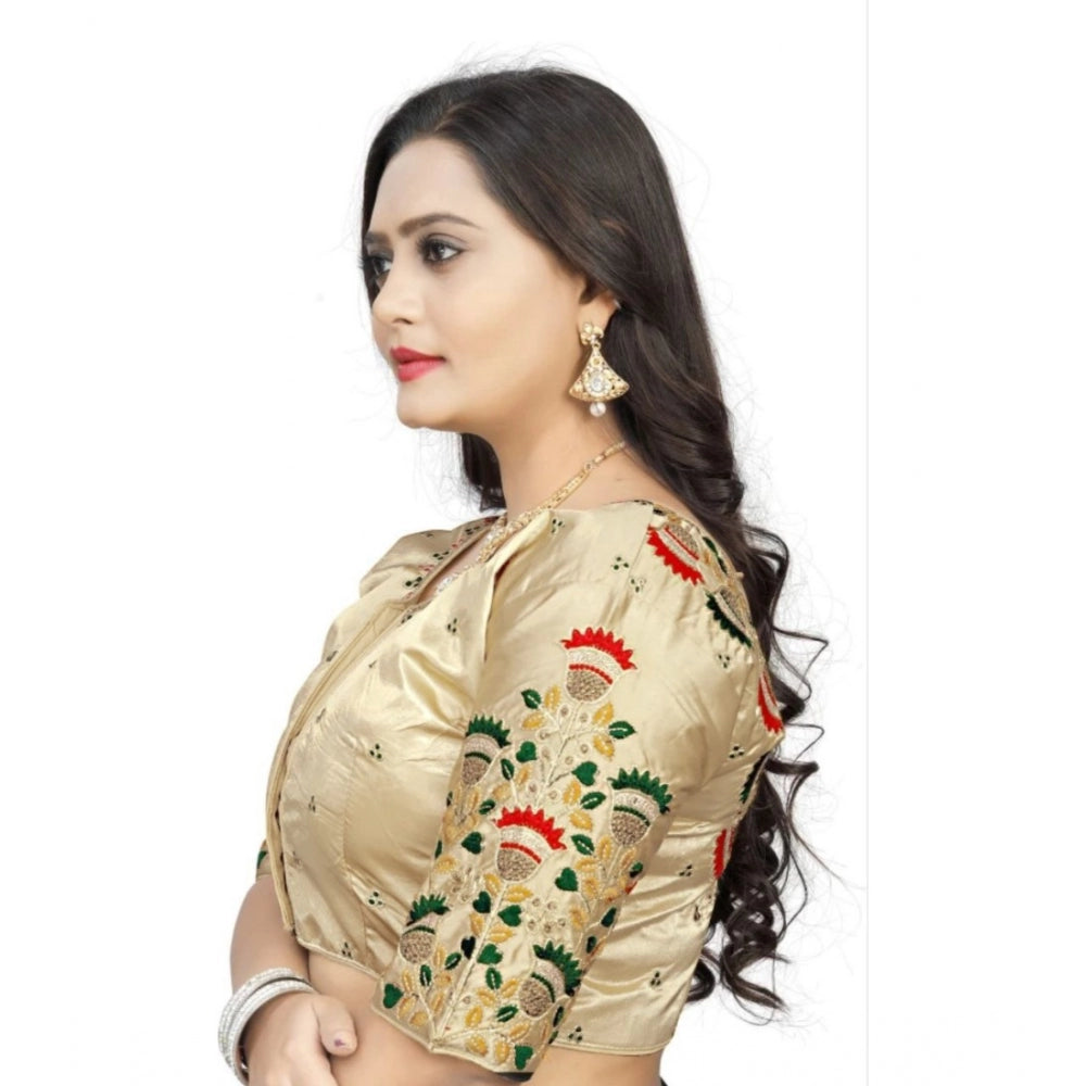 Generic Women's Malai Silk Floral Readymade Blouse (Cream, Size: Free Size)