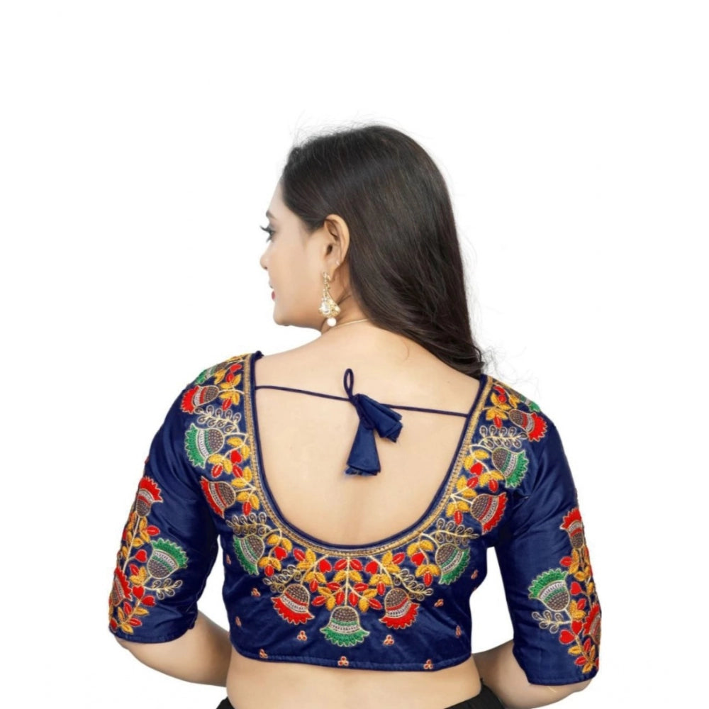 Generic Women's Malai Silk Floral Readymade Blouse (Navy Blue, Size: Free Size)