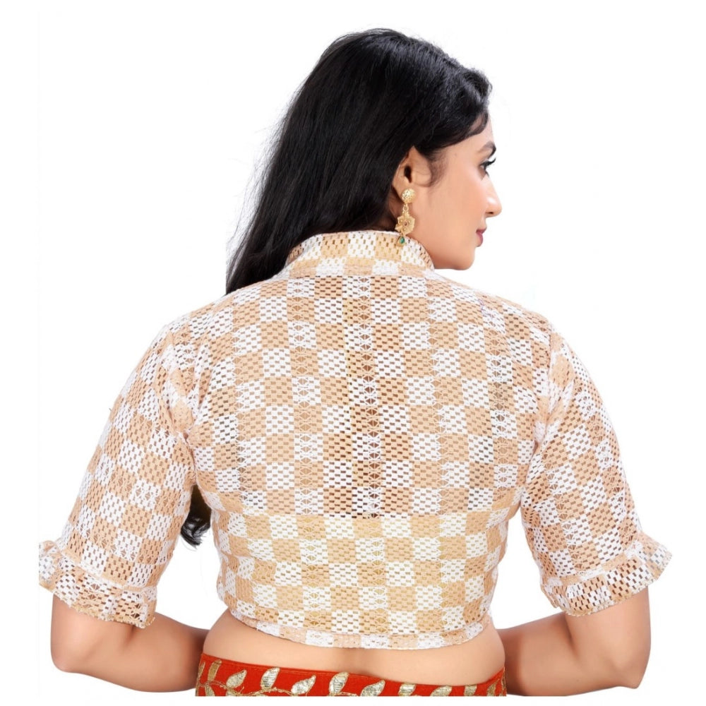 Generic Women's Cotton Blend Checks Readymade Blouse (Beige, Size: Free Size)