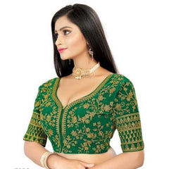 Generic Women's Velvet Embroidery Readymade Blouse (Green, Size: Free Size)