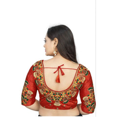 Generic Women's Malai Silk Floral Readymade Blouse (Red, Size: Free Size)