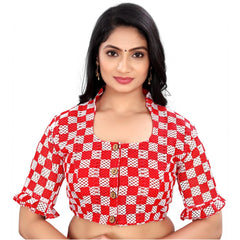 Generic Women's Cotton Blend Checks Readymade Blouse (Red, Size: Free Size)