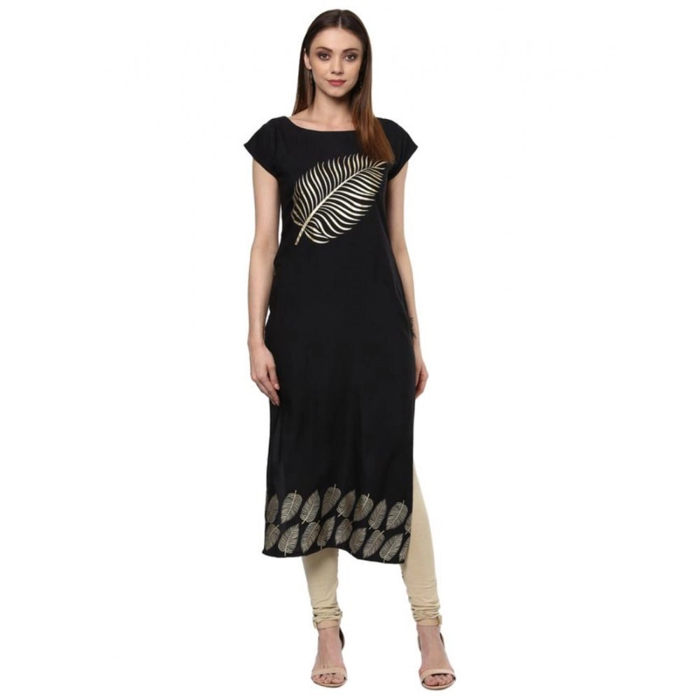 Generic Women's Casual Short Sleeves Ethnic Motifs Crepe Kurti (Black)