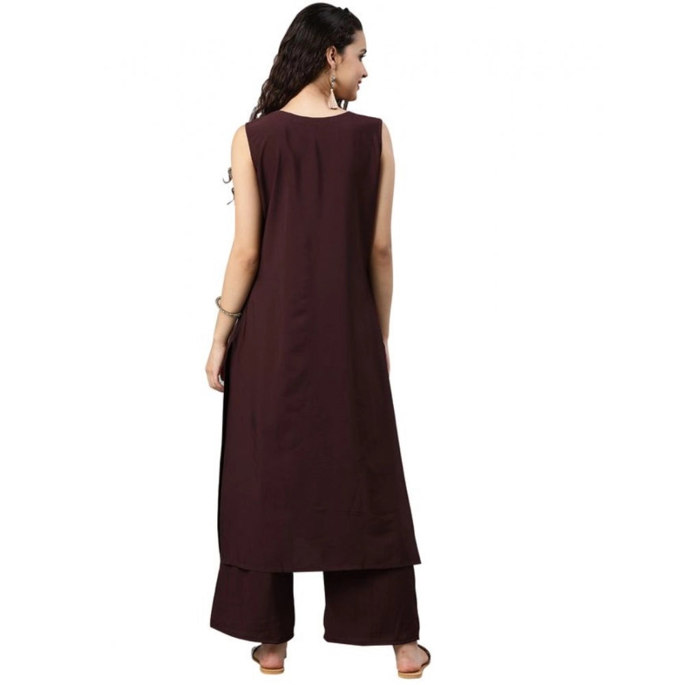 Generic Women's Casual sleeveless Solid Crepe Kurti And Palazzo Set (Brown)