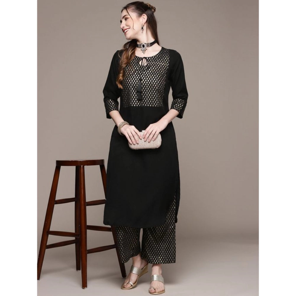 Generisches Damen-Kurti und Palazzo-Set aus Krepp mit langen Ärmeln und ethnischen Motiven (Schwarz)