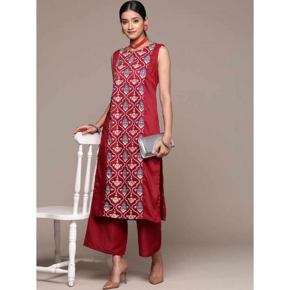 Generic Women's Casual Sleeveless Floral Printed Chinon Kurti and Palazzo Set (Maroon)