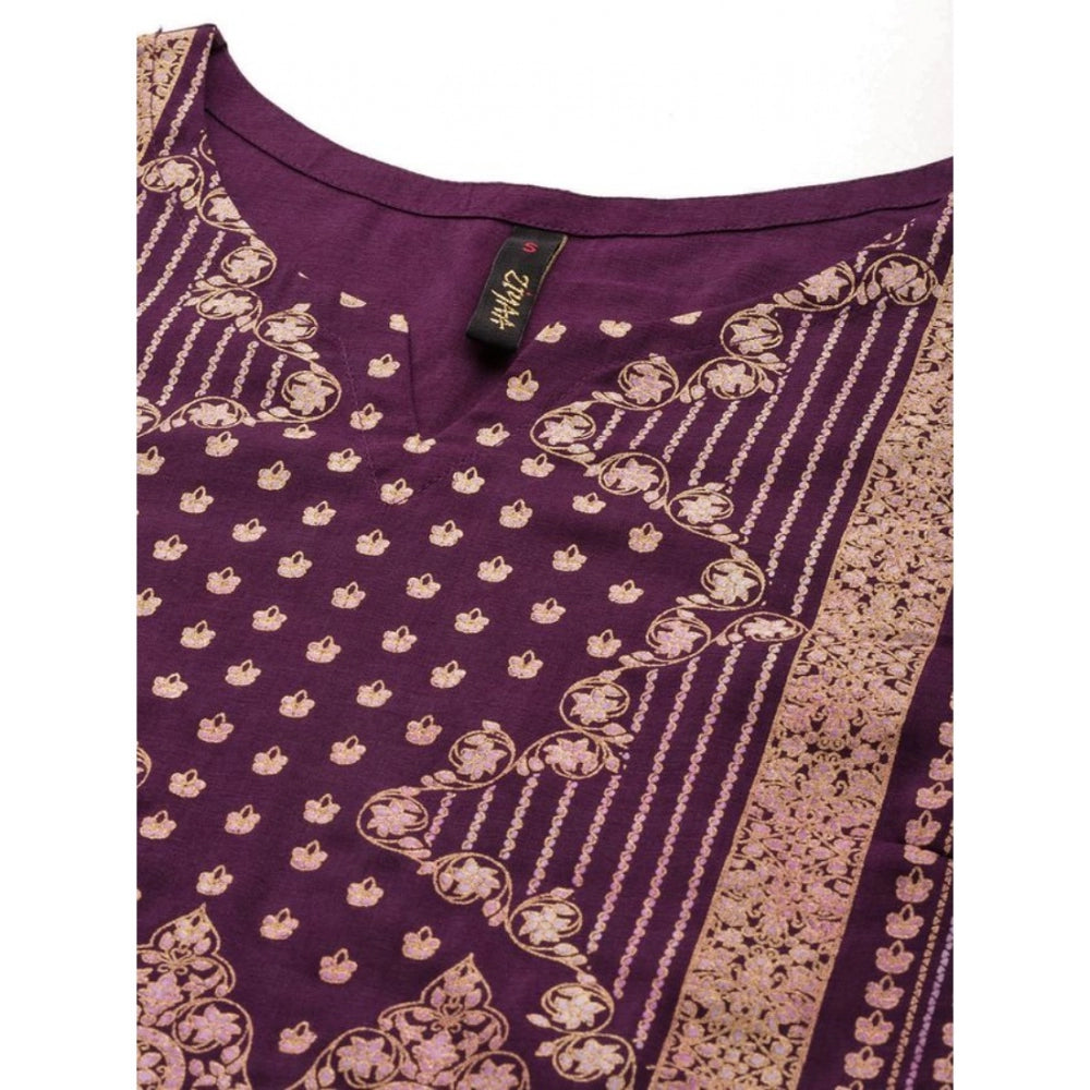 Generic Women's Casual 3-4Th Sleeve Ethnic Motifs Chinon Kurti And Palazzo Set (Purple)