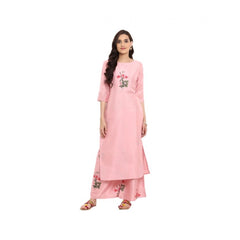 Generic Women's Casual 3-4Th Sleeve Floral Printed Poly Silk Kurti and Palazzo Set (Pink)