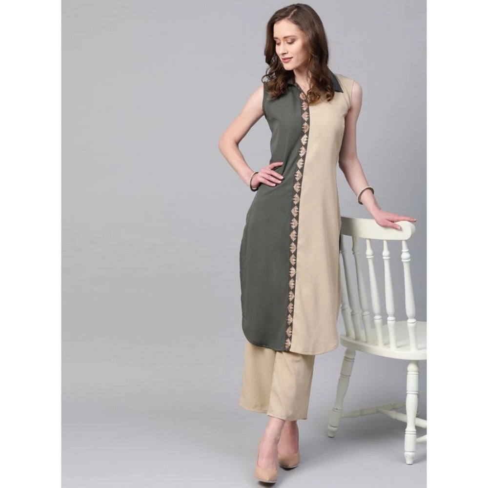 Generic Women's Casual Sleeveless Solid Crepe Kurti And Palazzo Set (Grey)