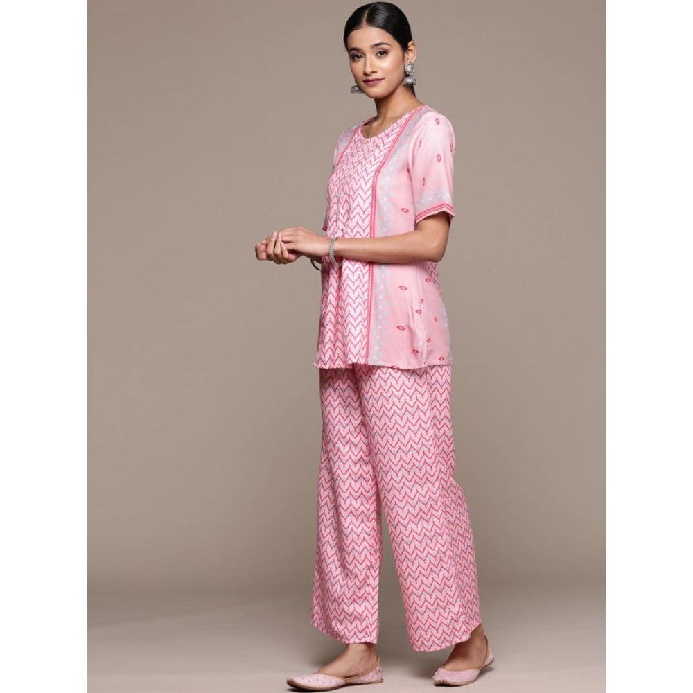 Generisches Damen-Kurti und Palazzo-Set mit halblangen Ärmeln und geometrischem Muster aus Viskose (Pink)