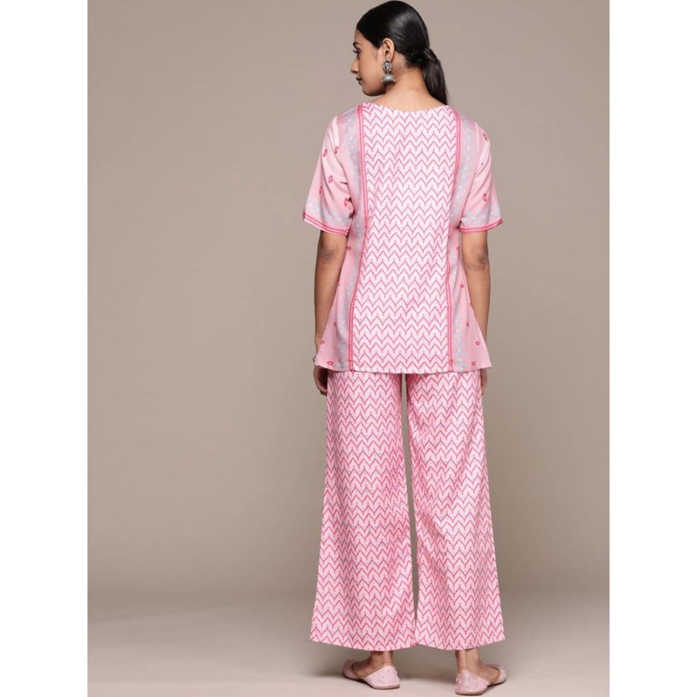 Generisches Damen-Kurti und Palazzo-Set mit halblangen Ärmeln und geometrischem Muster aus Viskose (Pink)