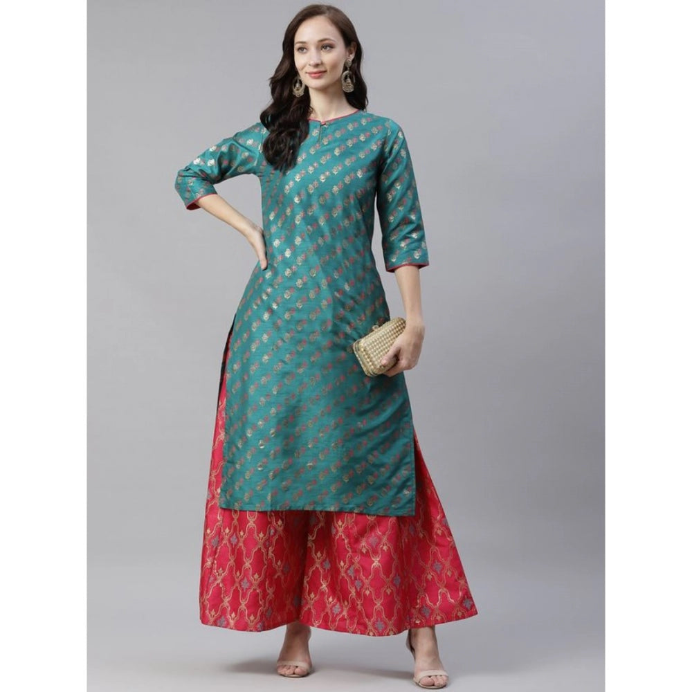 Generic Women's Casual 3-4Th Sleeve Ethnic Motifs Poly Silk Kurti And Palazzo Set (Green)