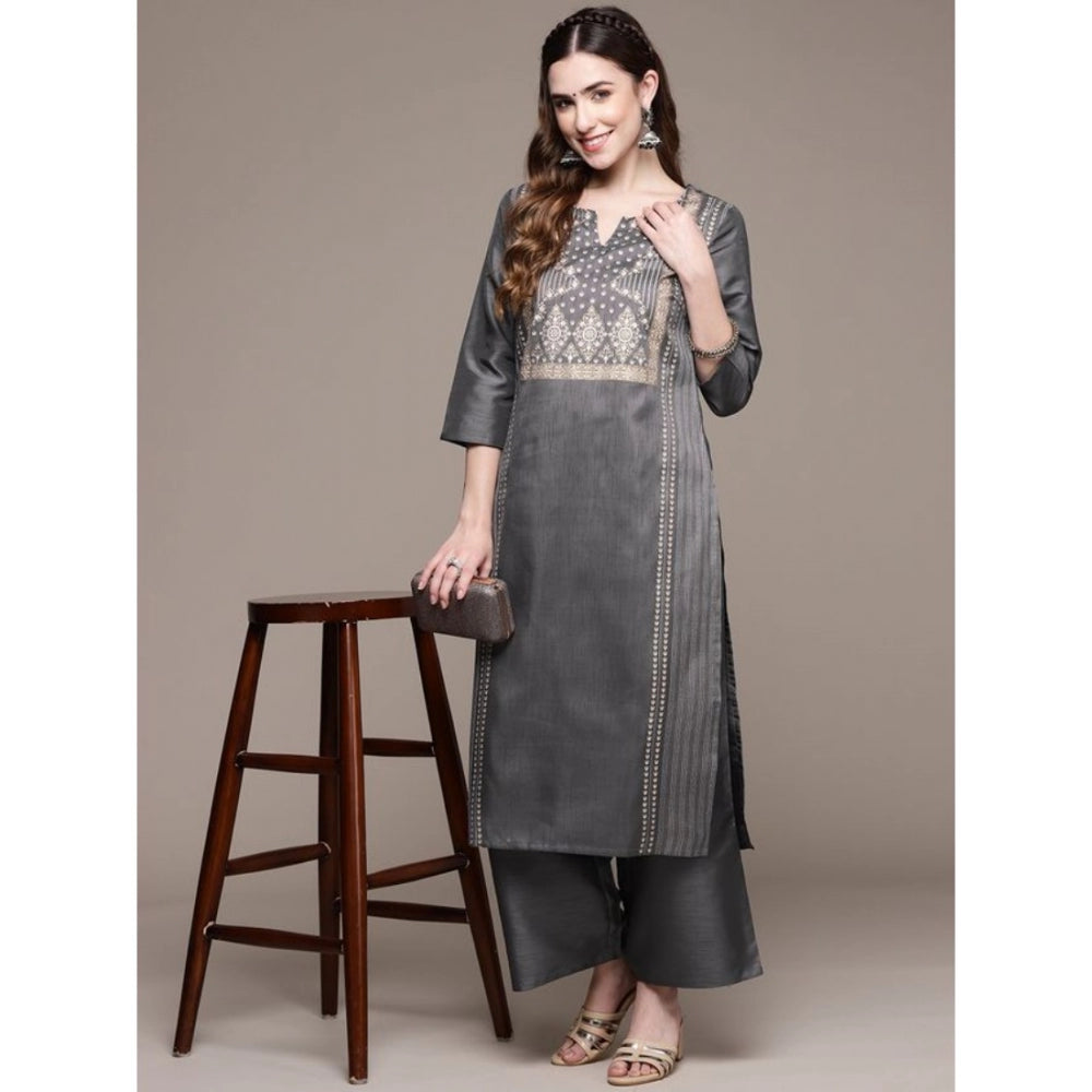 Generic Women's Casual 3-4Th Sleeve Ethnic Motifs Poly Silk Kurti And Palazzo Set (Dark Grey)