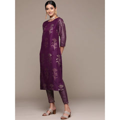 Generic Women's Casual 3-4Th Sleeve Floral Printed Chinon Kurti and Pant Set (Purple)