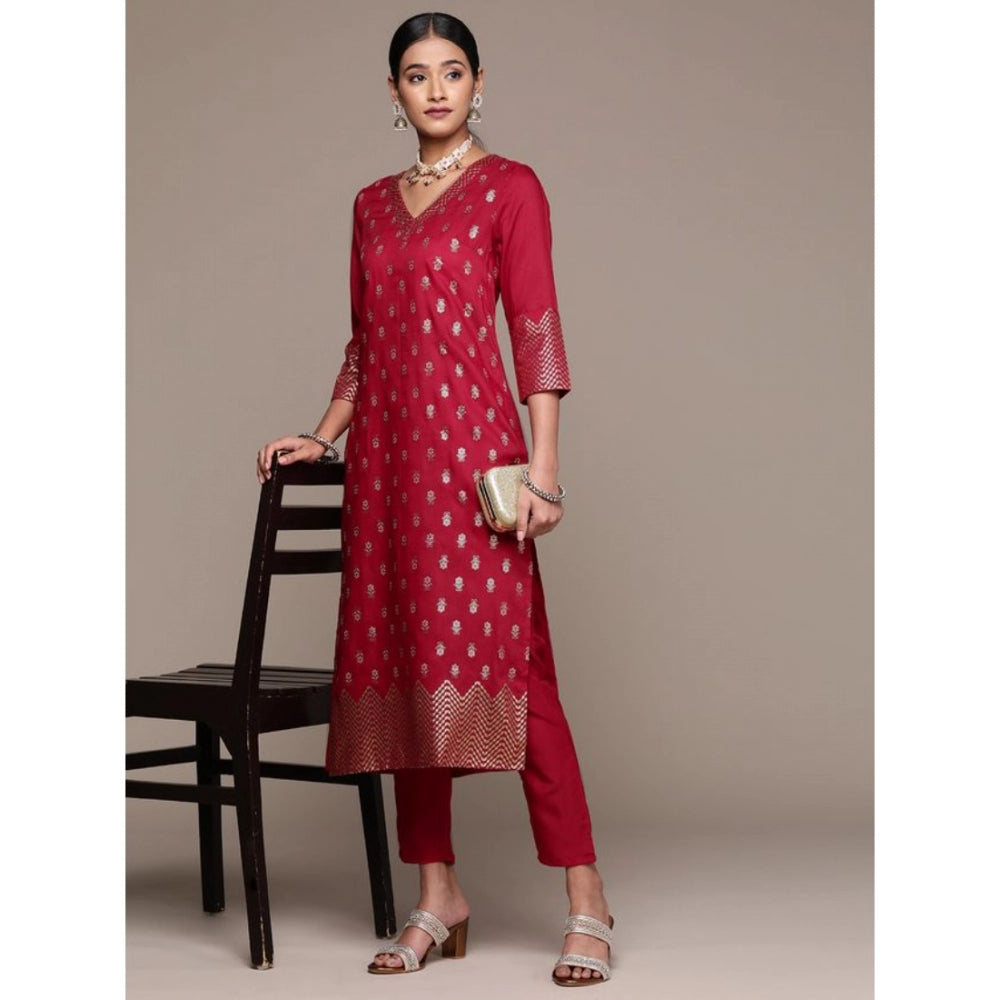 Generic Women's Casual 3-4Th Sleeve Floral Printed Chinon Kurti And Pant Set (Maroon)