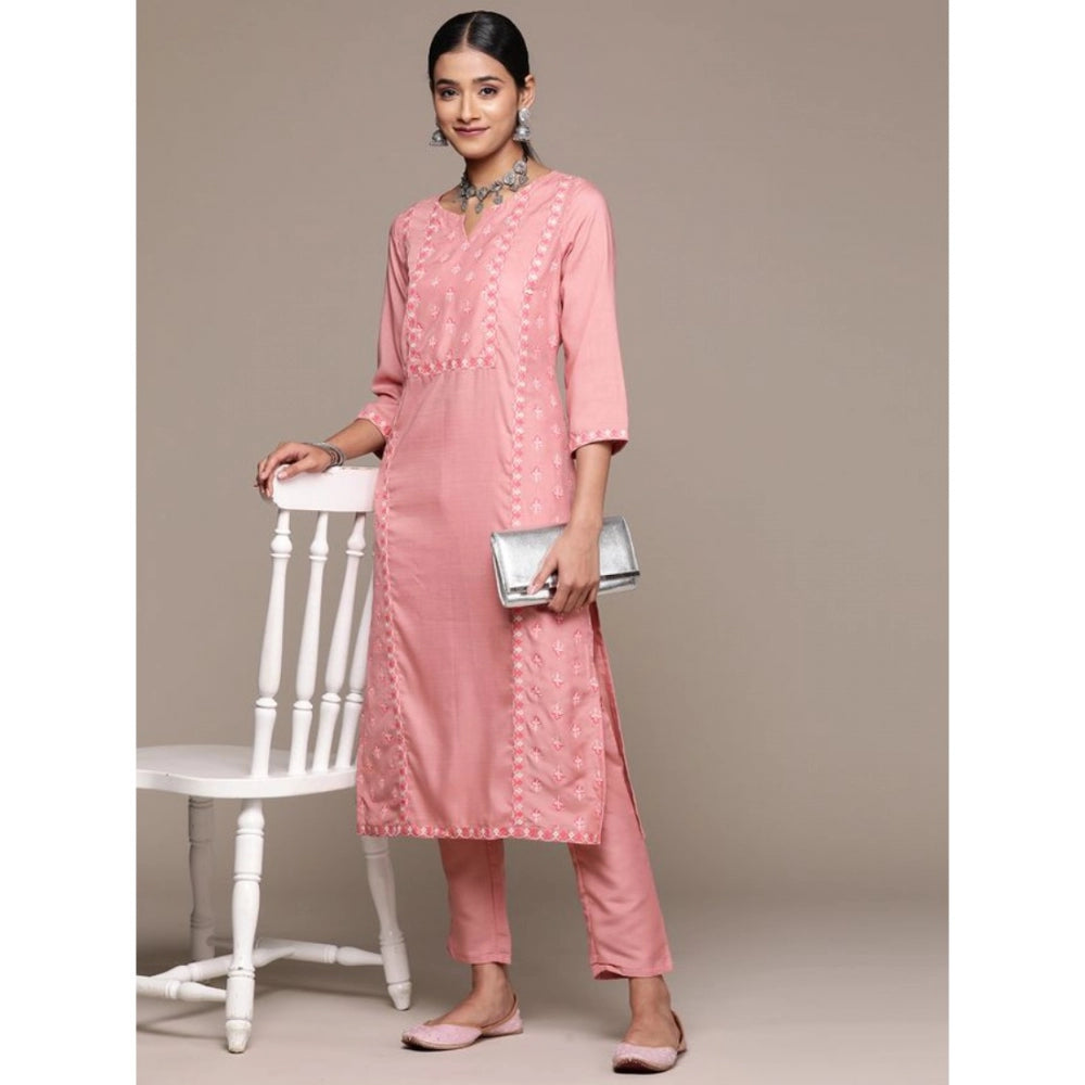 Generic Women's Casual 3-4Th Sleeve Floral Printed Chinon Kurti and Pant Set (Peach)