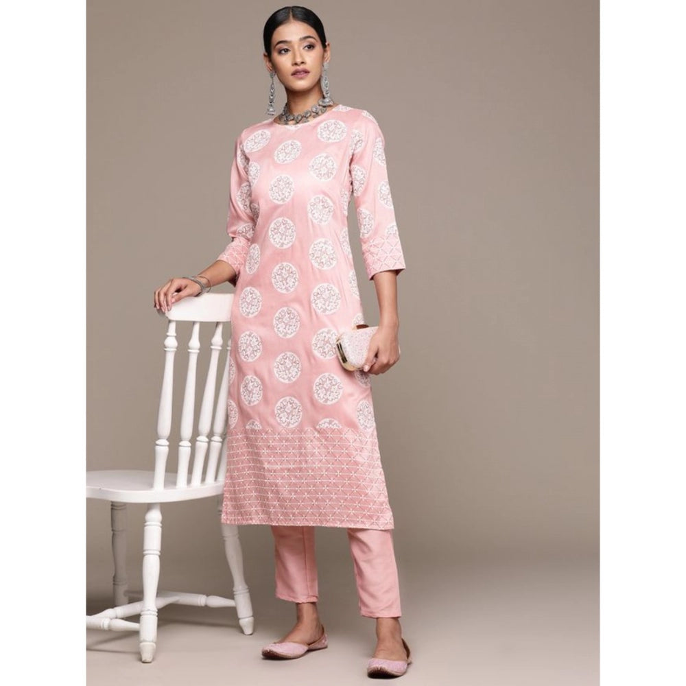 Generic Women's Casual 3-4Th Sleeve Floral Printed Chinon Kurti and Pant Set (Peach)