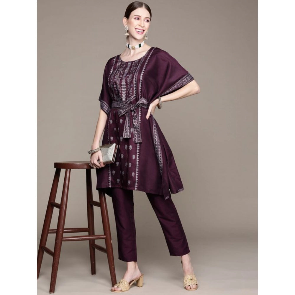 Generic Women's Casual 3-4Th Sleeve Floral Printed Chinon Kurti And Pant Set (Wine)