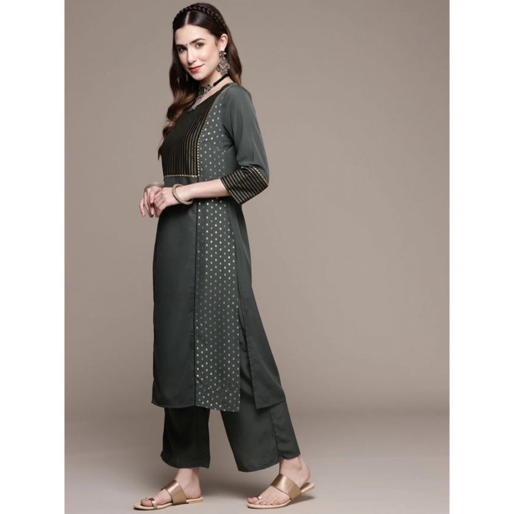 Generic Women's Casual 3-4Th Sleeve Stripes Crepe Kurti and Pant Set (Dark Grey)