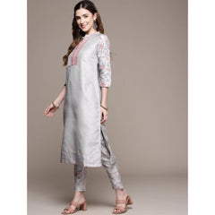 Generic Women's Casual 3-4Th Sleeve Solid Poly Silk Kurti and Pant Set (Light Grey)