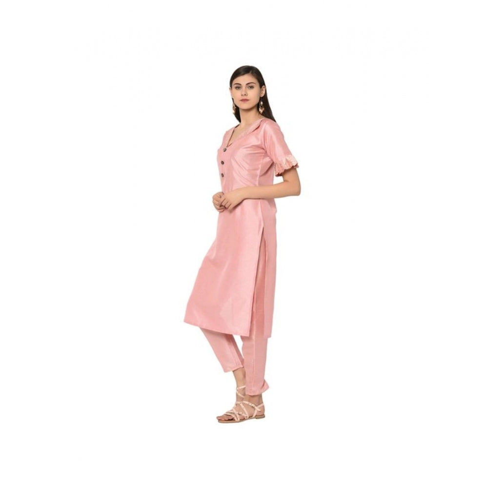 Generic Women's Casual Half Sleeve Solid Poly Silk Kurti and Pant Set (Pink)