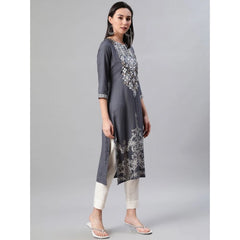 Generic Women's Casual 3-4Th Sleeve Floral Printed Rayon Kurti And Pant Set (Grey)