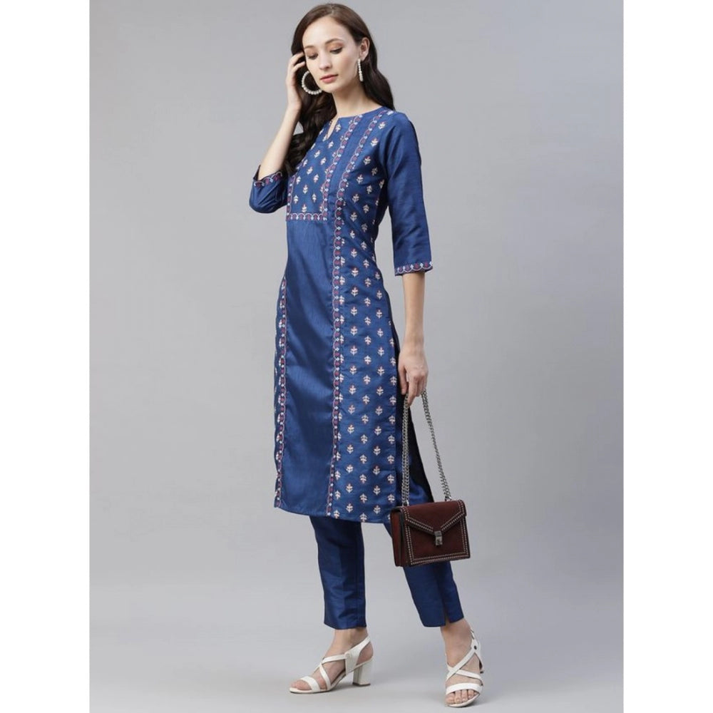 Generic Women's Casual 3-4Th Sleeve Floral Printed Poly Silk Kurti And Pant Set (Blue)