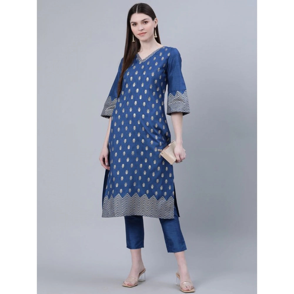 Generic Women's Casual 3-4Th Sleeve Floral Printed Poly Silk Kurti And Pant Set (Blue)