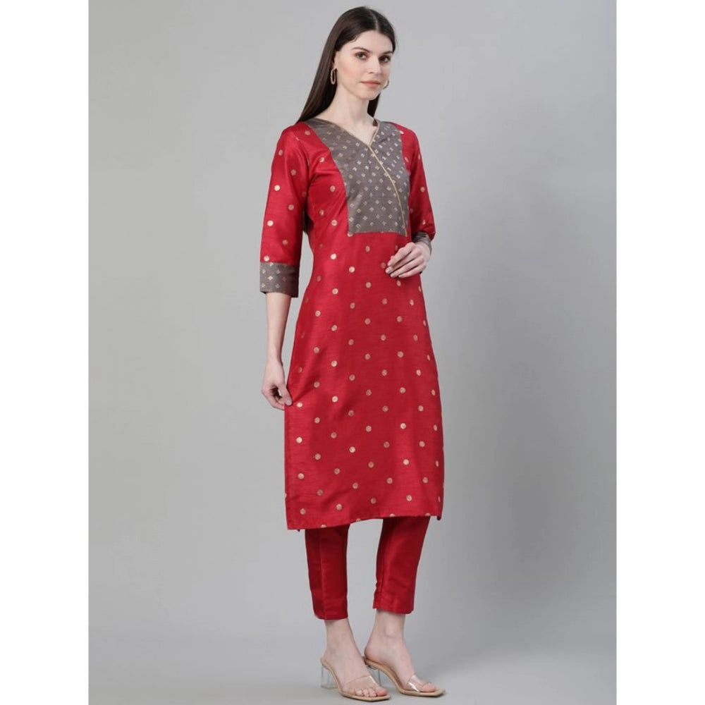 Generic Women's Casual 3-4Th Sleeve Ethnic Motifs Poly Silk Kurti And Pant Set (Red)