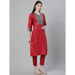 Generic Women's Casual 3-4Th Sleeve Ethnic Motifs Poly Silk Kurti And Pant Set (Red)