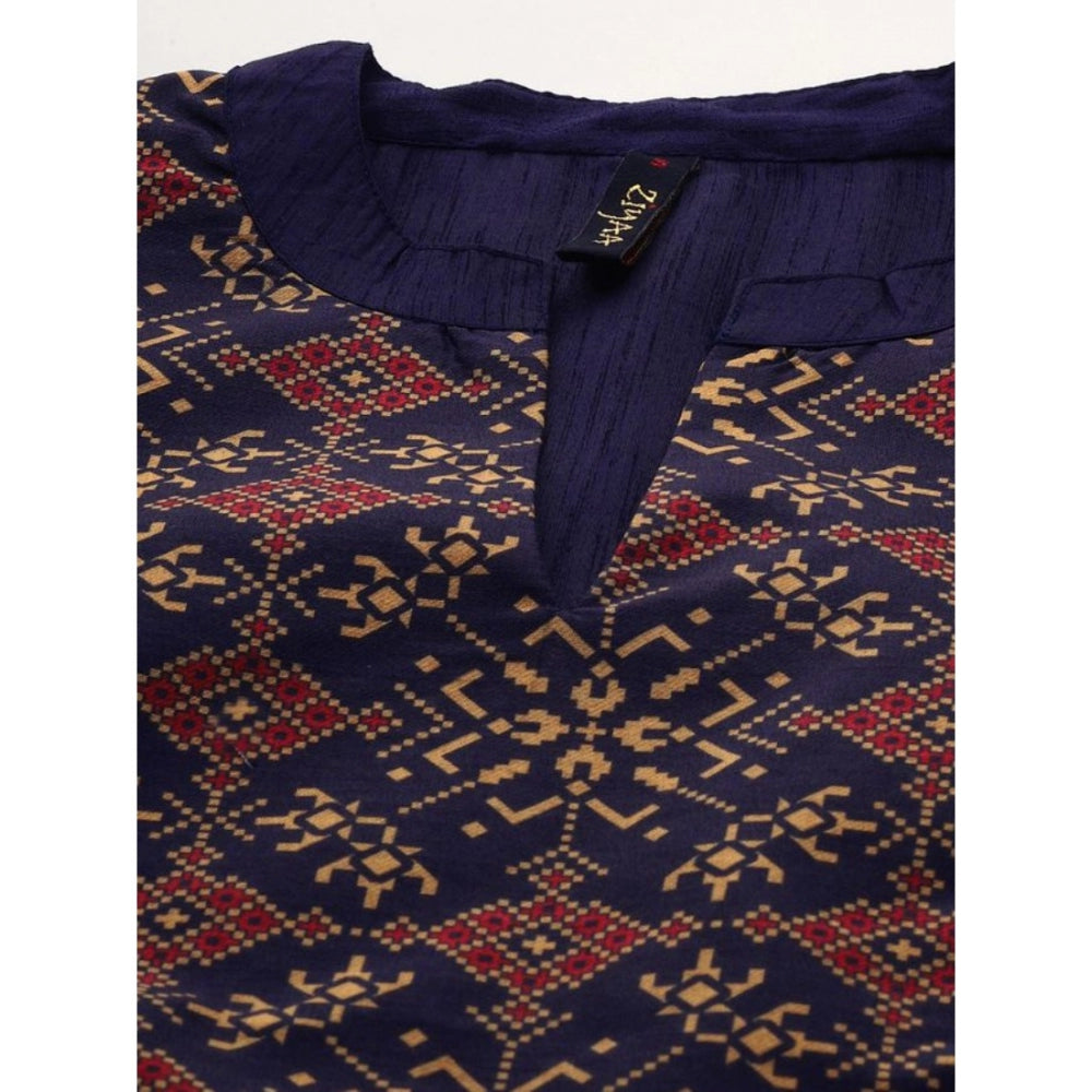 Generisches Damen-Freizeitset mit 3–4-Ärmeln und ethnischen Motiven, Kurti und Hose aus Polyseide (blau)