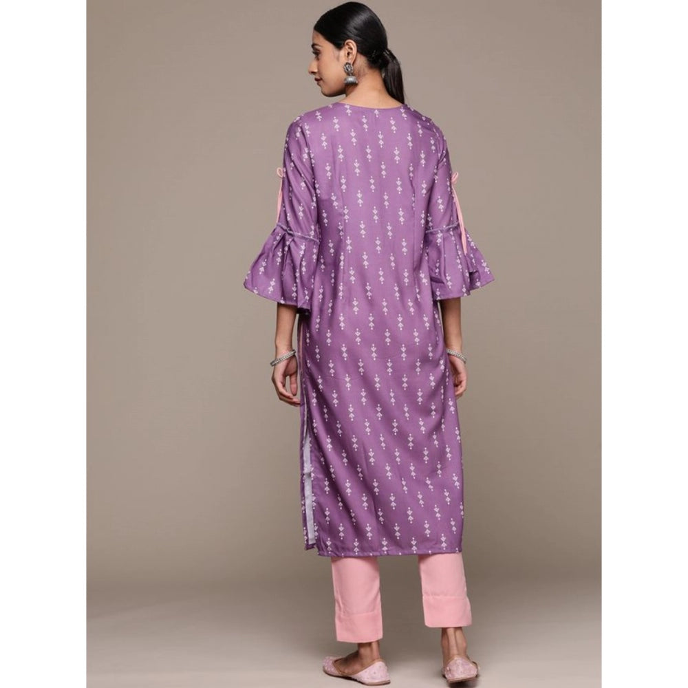 Generic Women's Casual 3-4Th Sleeve Ethnic Motifs Rayon Kurti And Pant Set (Lavender)