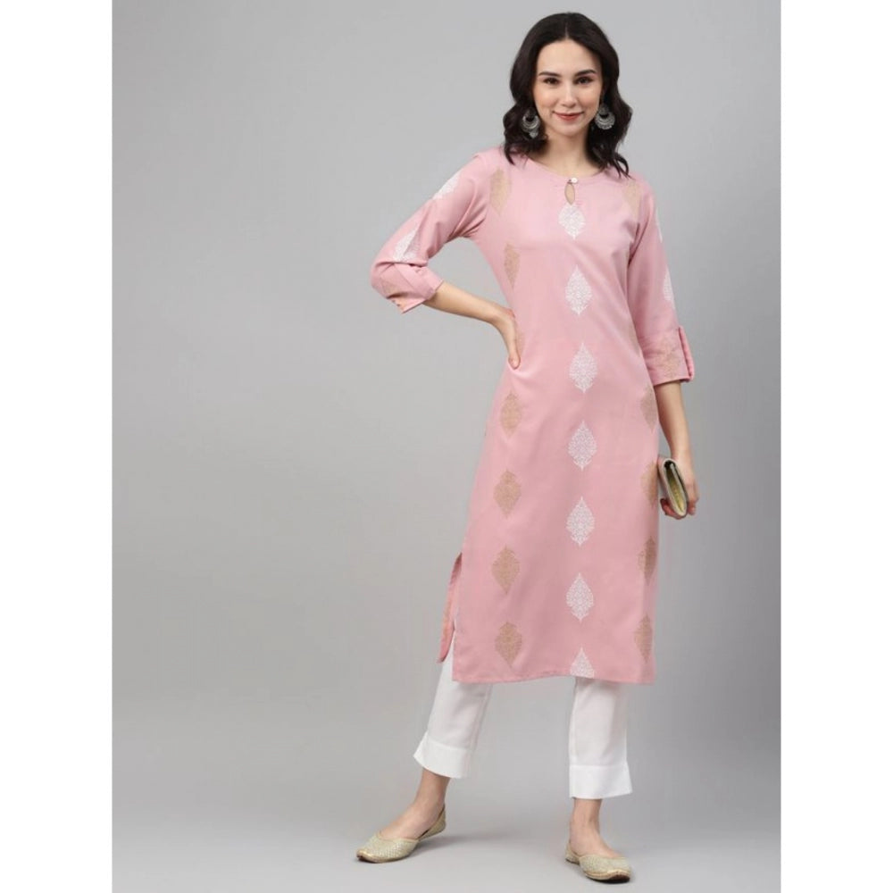 Generic Women's Casual 3-4Th Sleeve Ethnic Motifs Rayon Kurti And Pant Set (Pink)