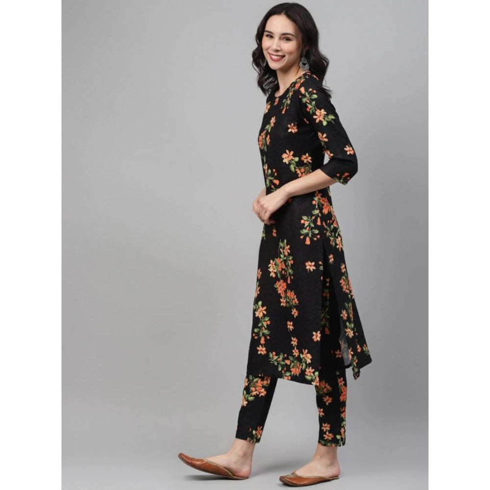 Generic Women's Casual 3-4Th Sleeve Floral Printed Rayon Kurti And Pant Set (Black)